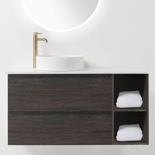 Soft Solid-Surface 1000, 2 Drawer Wall-Hung Vanity + 300 Open Shelf Module by VCBC