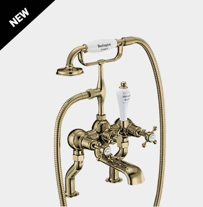 Claremont Bath Shower Mixer Deck Mounted with 'S' Adjuster in Gold/White by Burlington