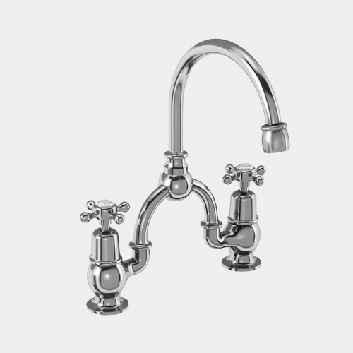 Claremont Two Tap Hole Arch Mixer in Chrome/White with Curved Spout (200mm Centres) by Burlington