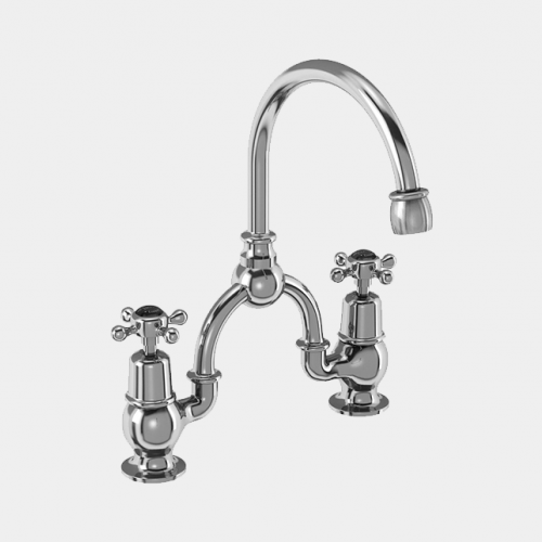 Claremont Two Tap Hole Arch Mixer in Chrome/Black with Curved Spout (200mm Centres) by Burlington