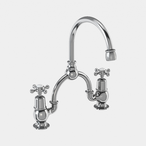 Claremont Two Tap Hole Arch Mixer in Chrome/White with Curved Spout (230mm Centres) by Burlington