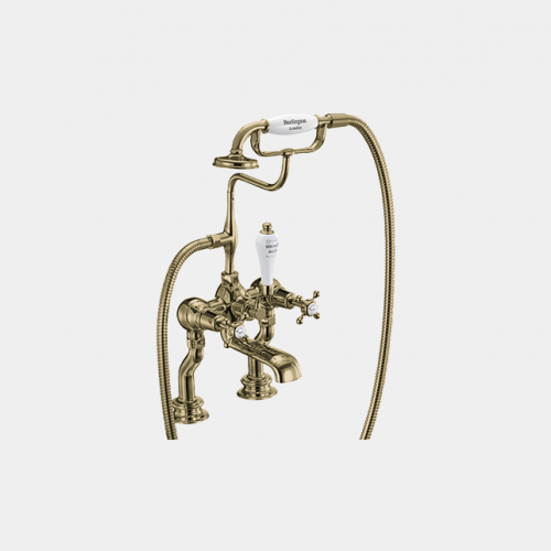 Claremont Regent Bath Shower Mixer Deck Mounted with 'S' Adjuster in Gold/White by Burlington