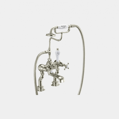 Claremont Regent Bath Shower Mixer Deck Mounted with 'S' Adjuster in Nickel/White by Burlington