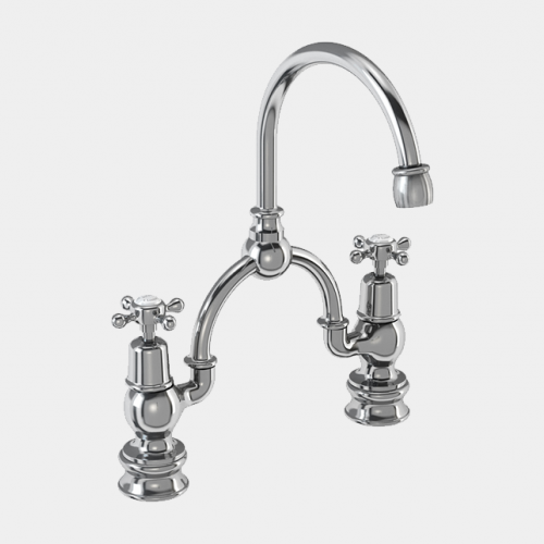 Claremont Regent Two Tap Hole Arch Mixer in Chrome/White with Curved Spout (230mm Centres) by Burlington
