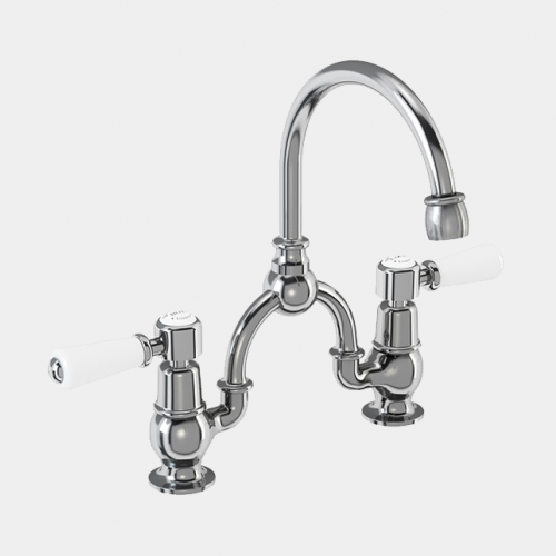 Kensington Two Tap Hole Arch Mixer in Chrome/White with Curved Spout (200mm Centres) by Burlington