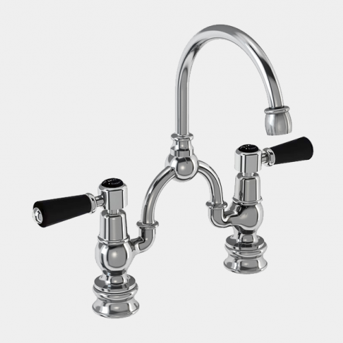 Kensington Regent Two Tap Hole Arch Mixer in Chrome/Black with Curved Spout (200mm Centres) by Burlington