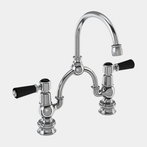 Kensington Regent Two Tap Hole Arch Mixer in Chrome/Black with Curved Spout (230mm Centres) by Burlington