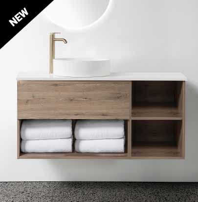 Soft Solid-Surface 800, 1 Drawer, 1 Open Shelf Wall-Hung Vanity + 400 Open Shelf Module by VCBC