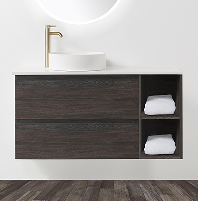 Soft Solid-Surface 900, 2 Drawer Wall-Hung Vanity + 400 Open Shelf Module by VCBC