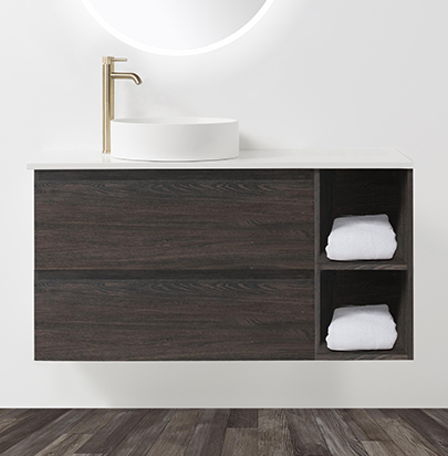 Soft Solid-Surface 800, 2 Drawer Wall-Hung Vanity + 400 Open Shelf Module by VCBC