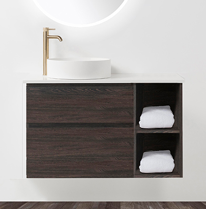Soft Solid-Surface 650, 2 Drawer Wall-Hung Vanity + 300 Open Shelf Module by VCBC