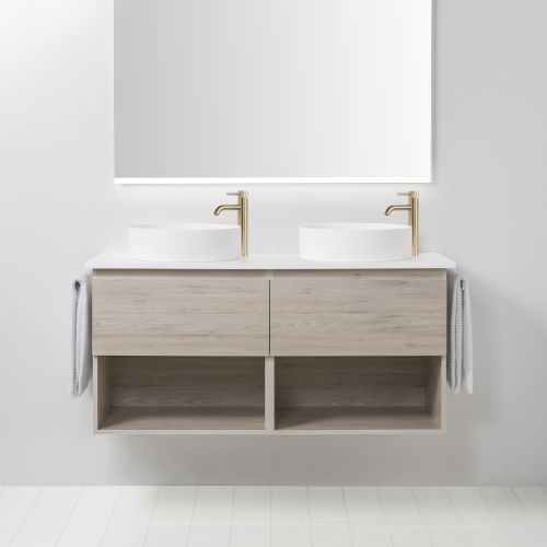 Soft Solid Surface 1300 Wall-Hung Vanity Double Bowls 2 Drawers & Open Shelves by VCBC