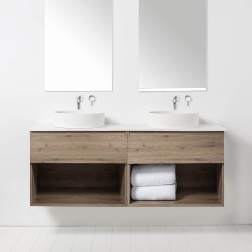 Soft Solid Surface 1550 Wall-Hung Vanity Double Bowls 2 Drawers & Open Shelves by VCBC