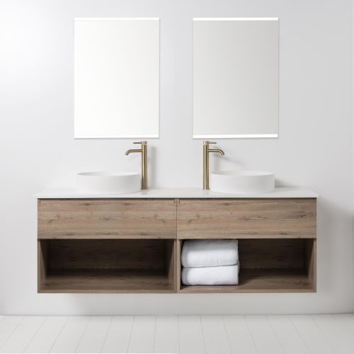 Soft Solid Surface 1760 Wall-Hung Vanity, Double Bowls, 2 Drawers & Open Shelves by VCBC