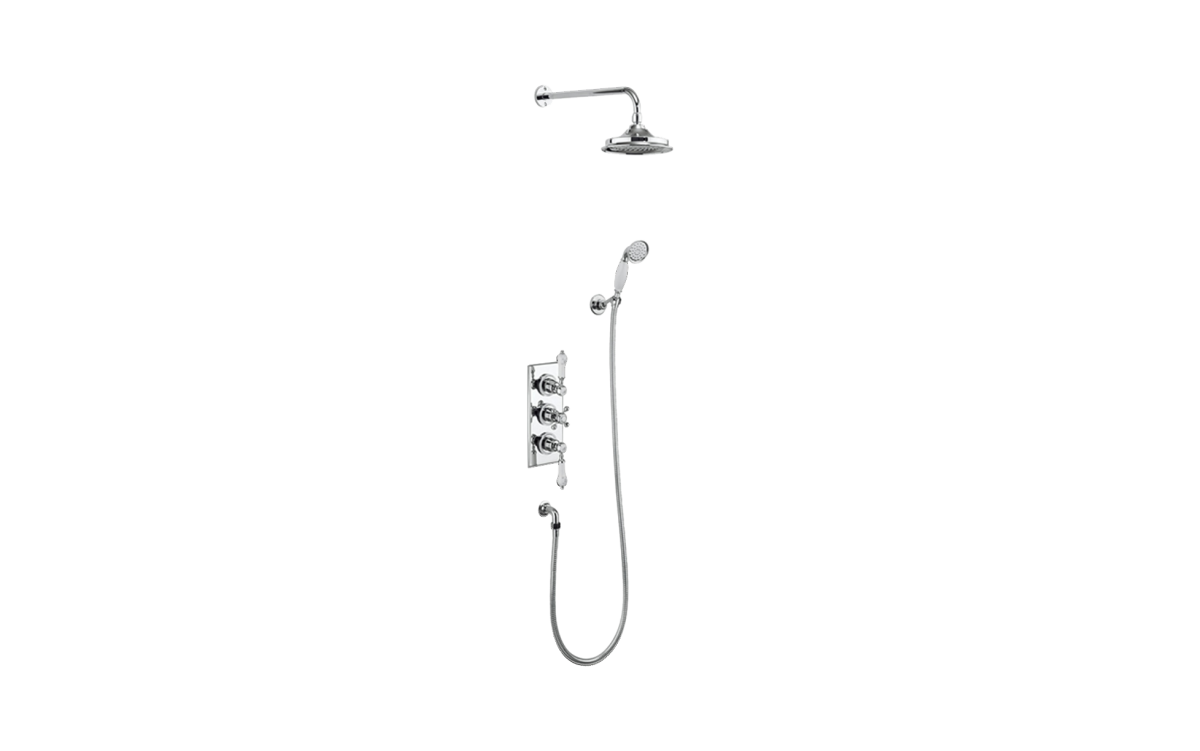 Trent Thermostatic Two Outlet Concealed Shower Valve, Fixed Shower Arm, Handset & Holder with Hose