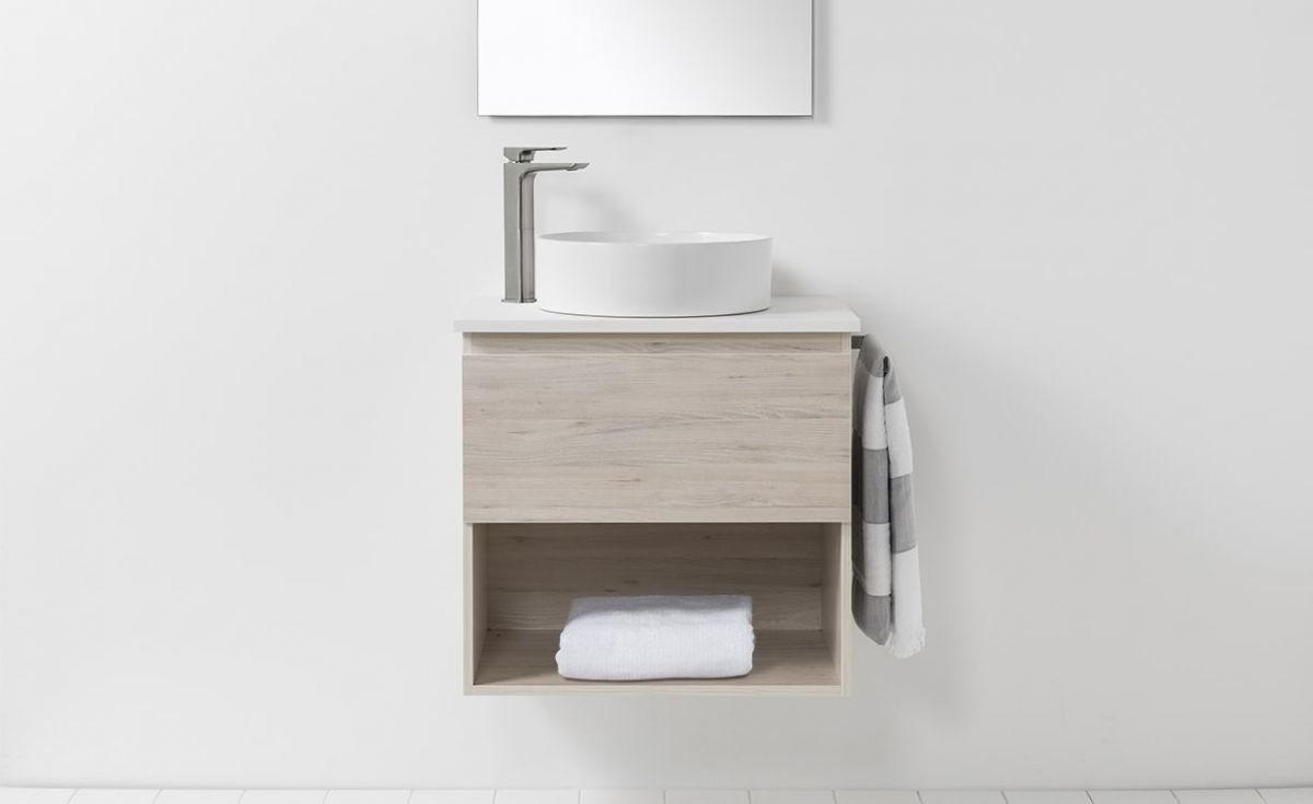 Soft Solid Surface 650 Wall-Hung Vanity 1 Drawer & Open Shelf