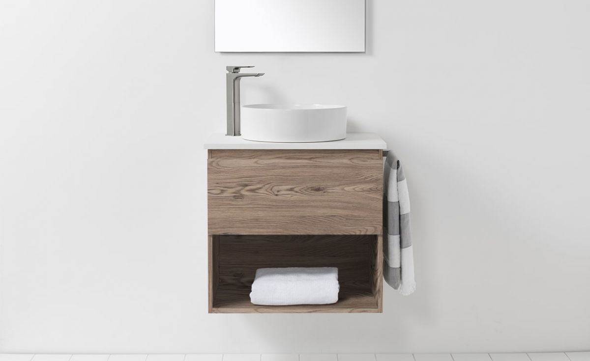 Soft Solid Surface 650 Wall-Hung Vanity 1 Drawer & Open Shelf