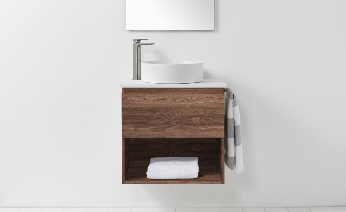 Soft Solid Surface 650 Wall-Hung Vanity 1 Drawer & Open Shelf
