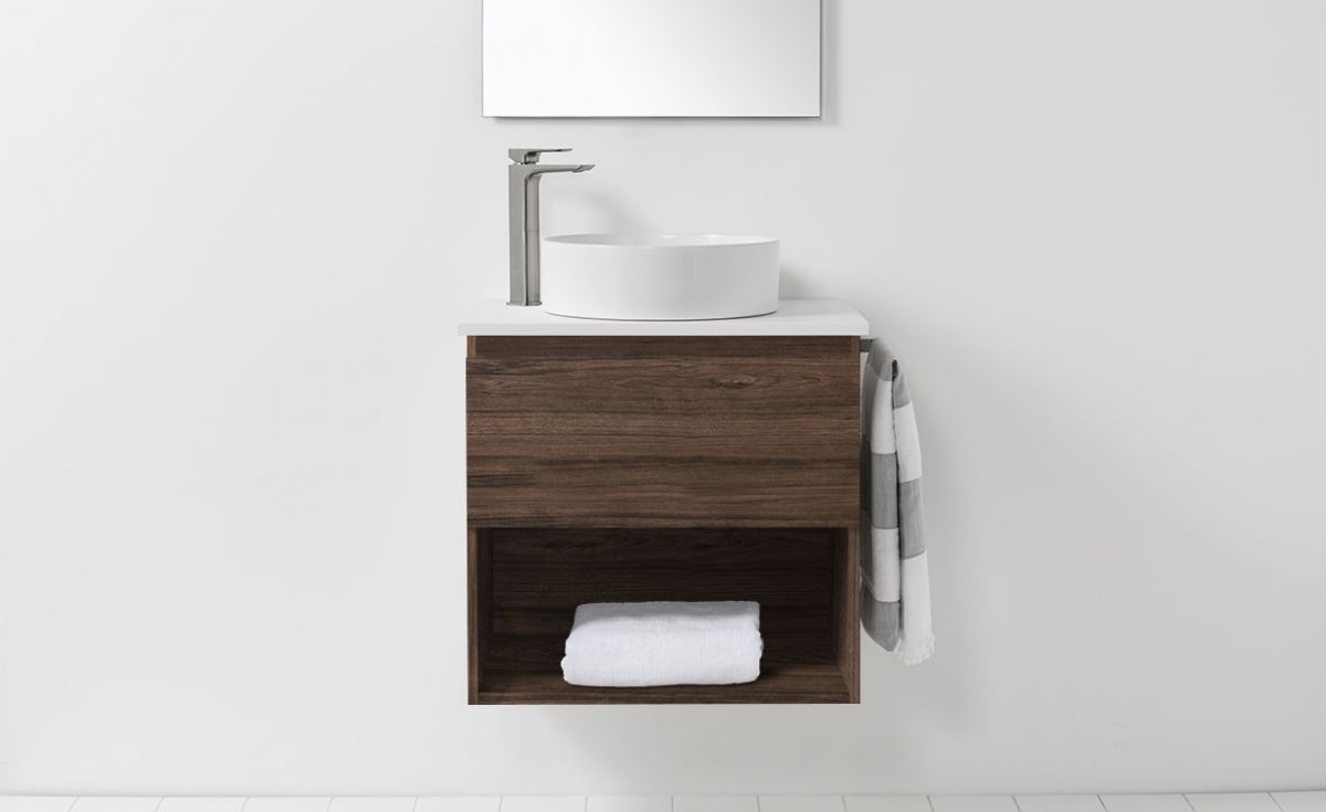Soft Solid Surface 650 Wall-Hung Vanity 1 Drawer & Open Shelf