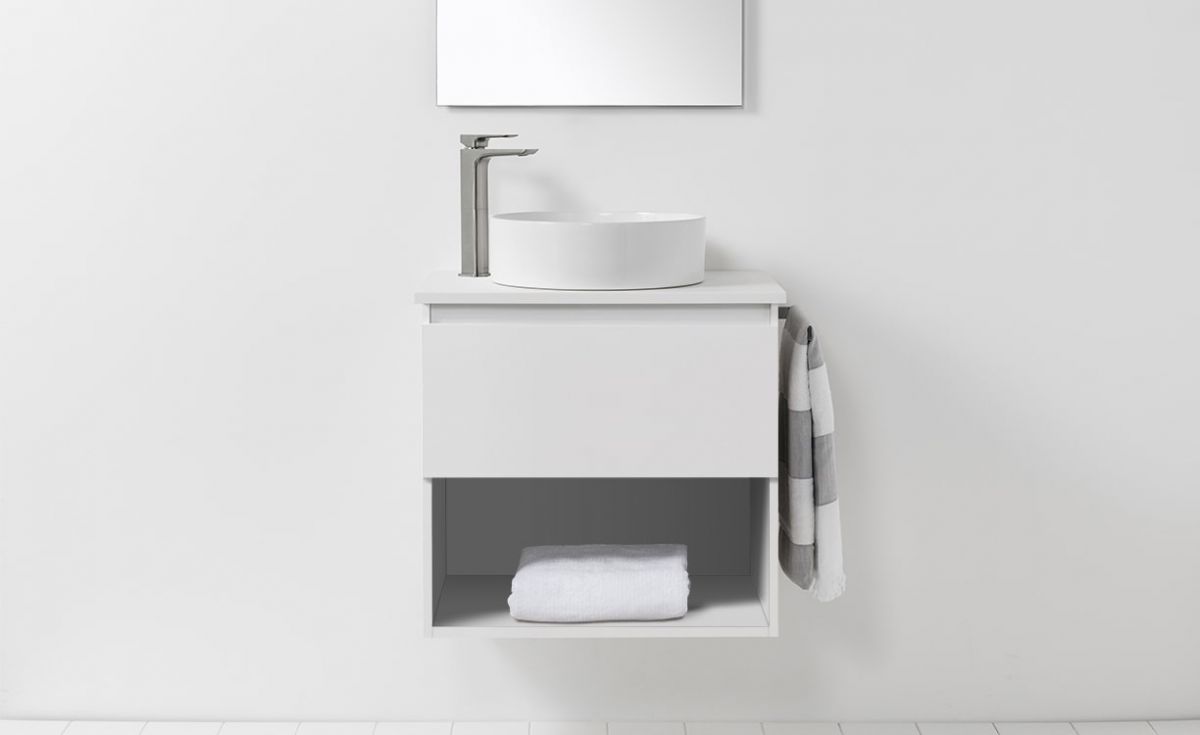 Soft Solid Surface 650 Wall-Hung Vanity 1 Drawer & Open Shelf