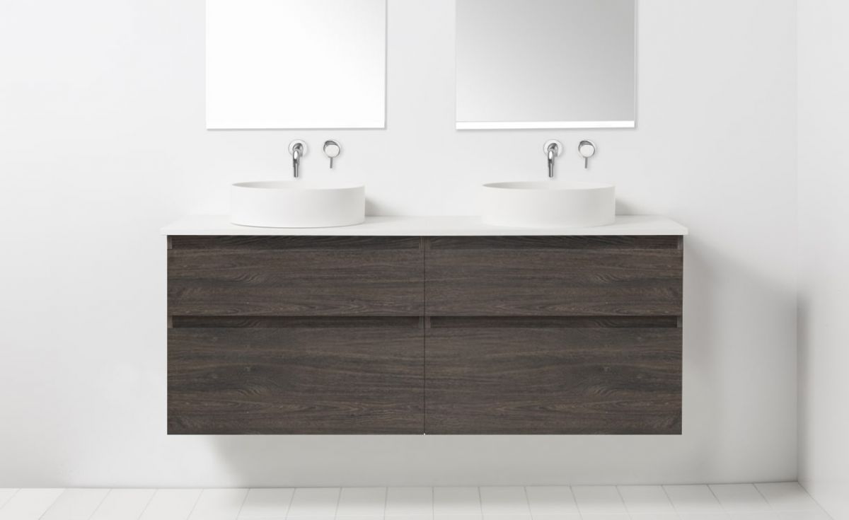 Soft Solid Surface 1300 Wall-Hung Vanity Double Bowls 4 Drawers