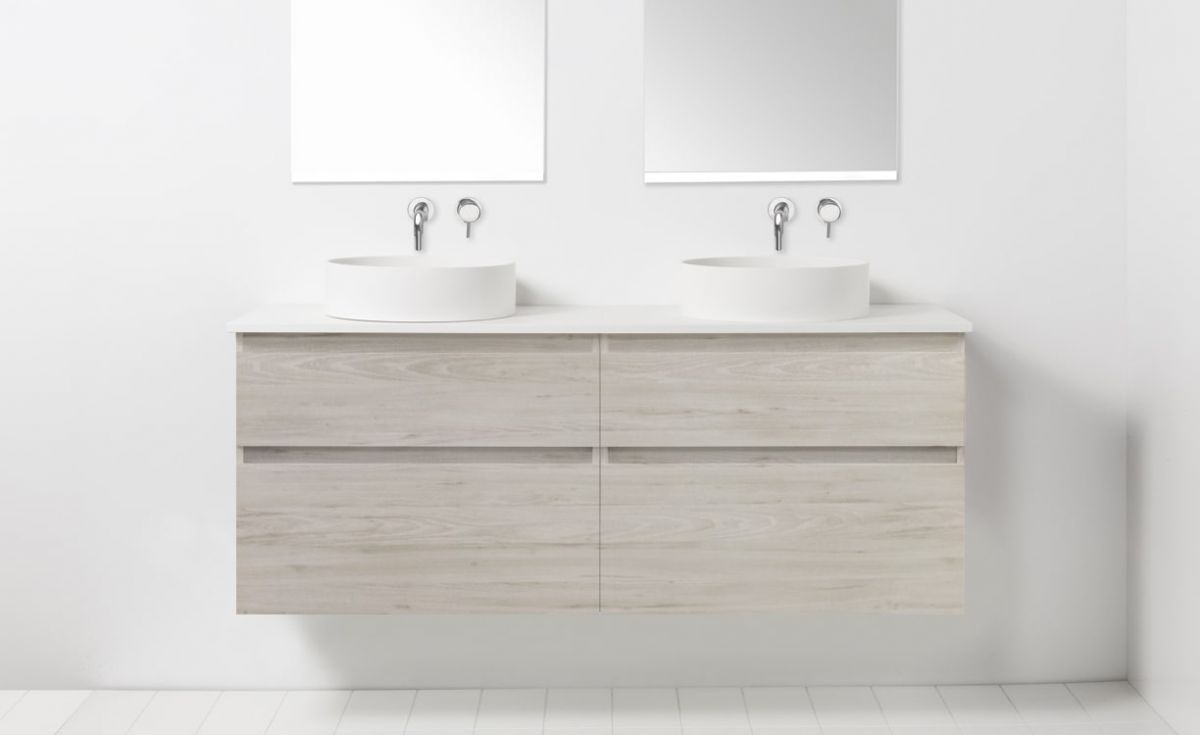 Soft Solid Surface 1300 Wall-Hung Vanity Double Bowls 4 Drawers