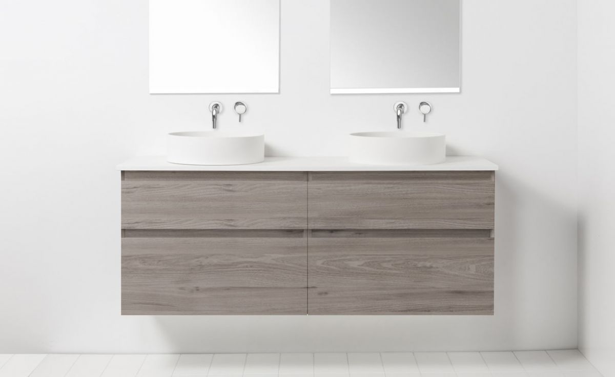 Soft Solid Surface 1300 Wall-Hung Vanity Double Bowls 4 Drawers