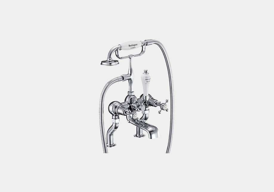 Claremont Bath Shower Mixer Deck Mounted with 'S' Adjuster in Nickel/White