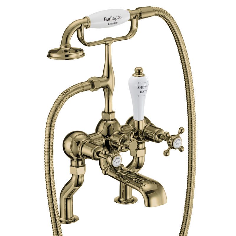 Claremont Bath Shower Mixer Deck Mounted with 'S' Adjuster in Gold/White