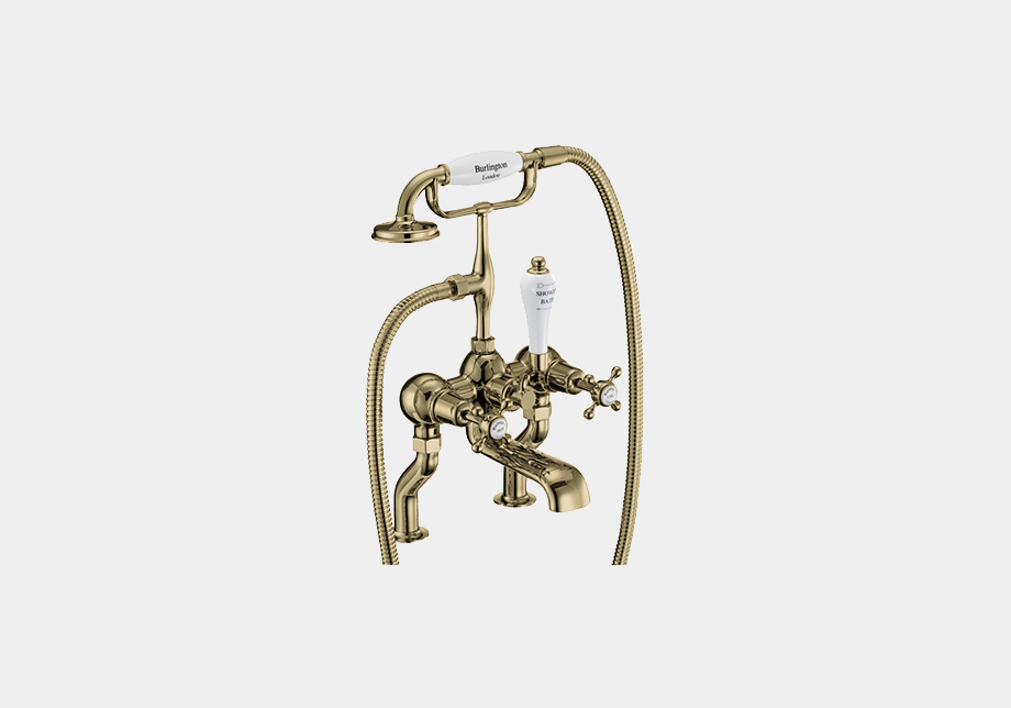 Claremont Bath Shower Mixer Deck Mounted with 'S' Adjuster in Gold/White