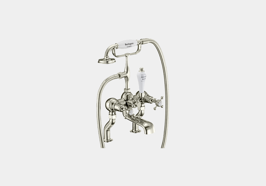 Claremont Bath Shower Mixer Deck Mounted with 'S' Adjuster in Nickel/White