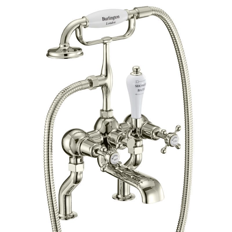 Claremont Bath Shower Mixer Deck Mounted with 'S' Adjuster in Nickel/White
