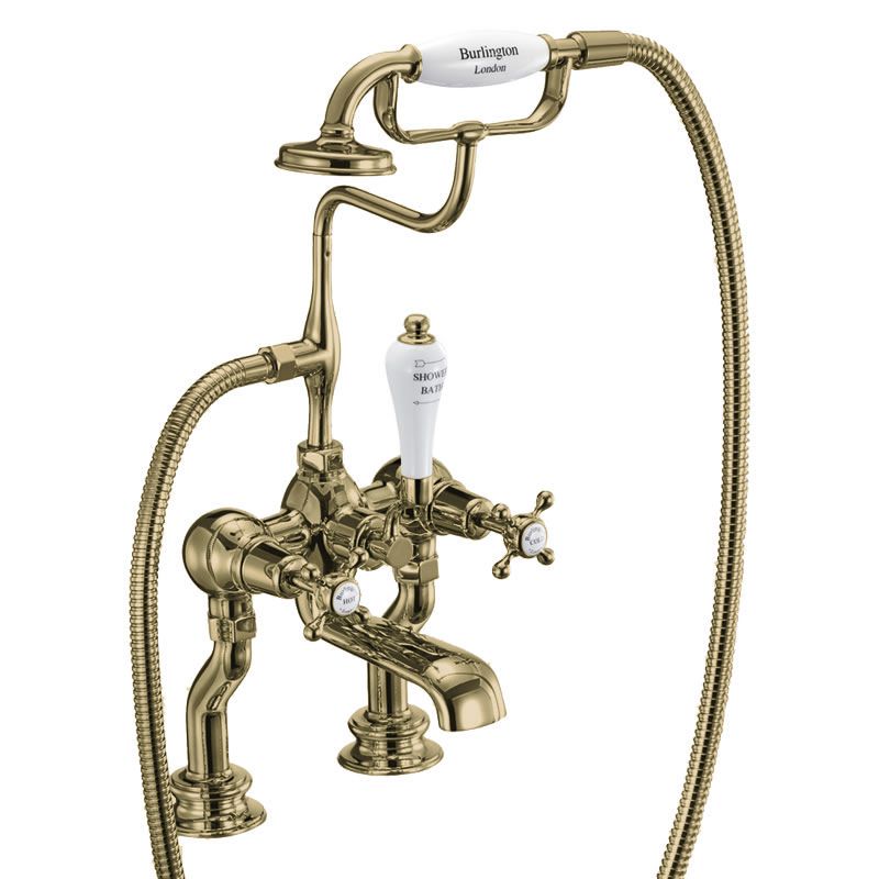 Claremont Regent Bath Shower Mixer Deck Mounted with 'S' Adjuster in Gold/White