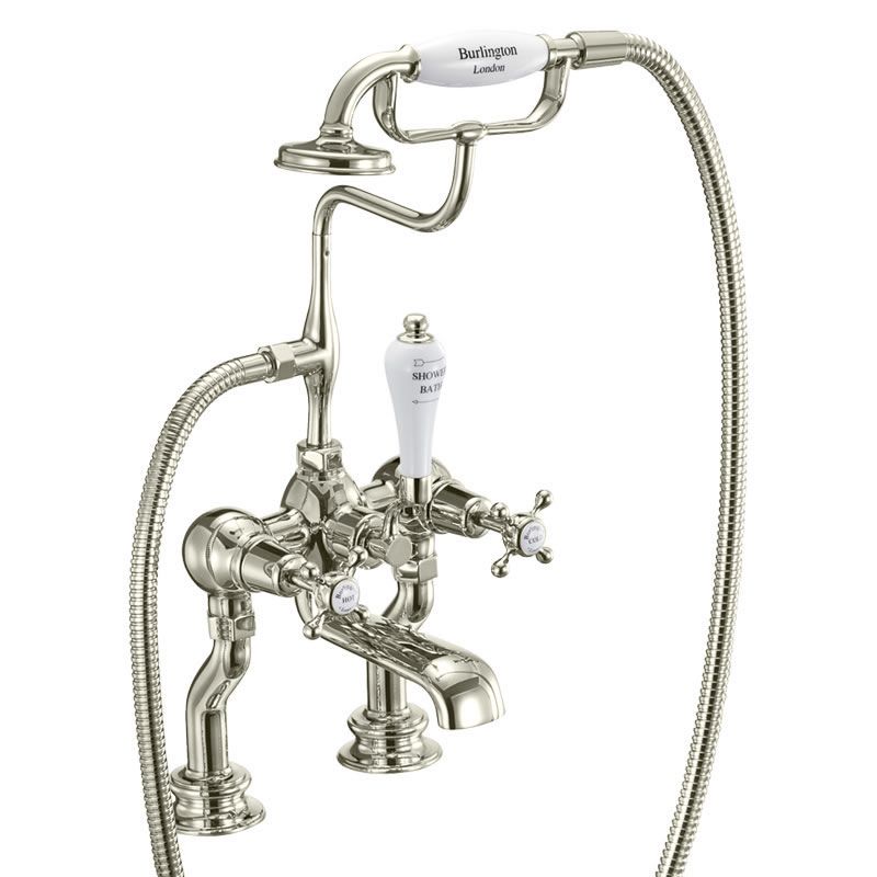 Claremont Regent Bath Shower Mixer Deck Mounted with 'S' Adjuster in Nickel/White