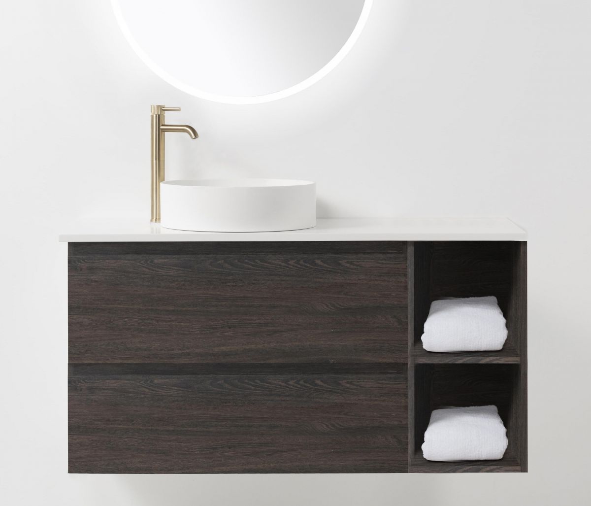 Soft Solid-Surface 800, 2 Drawer Wall-Hung Vanity + 400 Open Shelf Module
