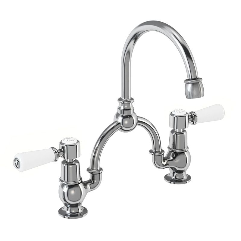 Kensington Two Tap Hole Arch Mixer in Chrome/White with Curved Spout (230mm Centres)