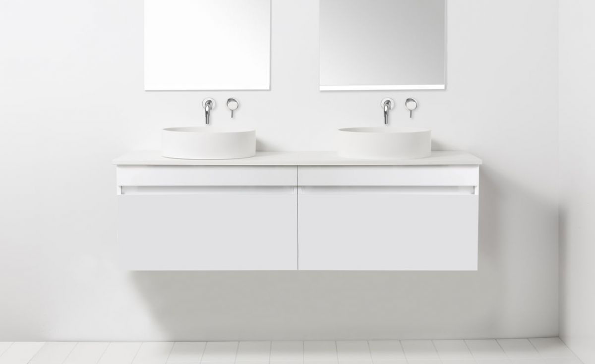 Soft Solid Surface 1300 Wall-Hung Vanity Double Bowls 2 Drawers