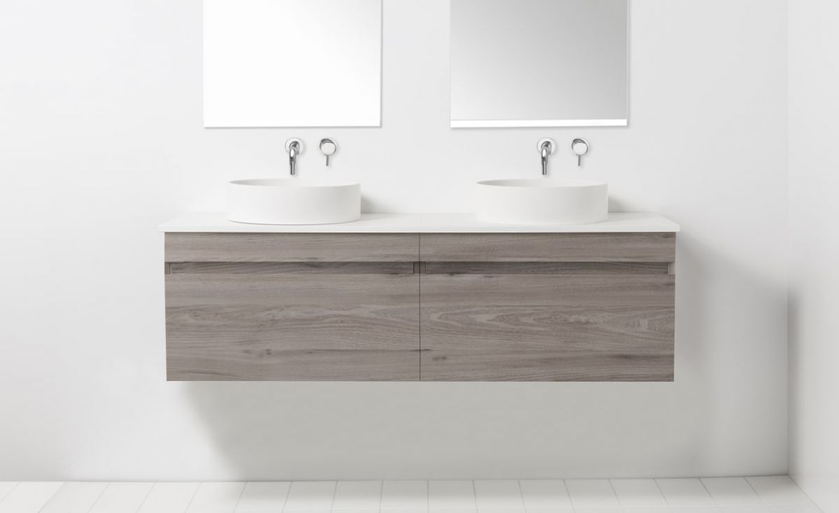 Soft Solid Surface 1550 Wall-Hung Vanity Double Bowls 2 Drawers