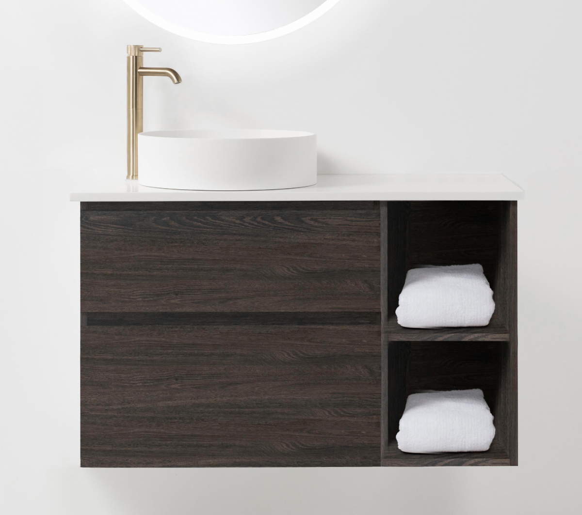 Soft Solid-Surface 650, 2 Drawer Wall-Hung Vanity + 300 Open Shelf Module