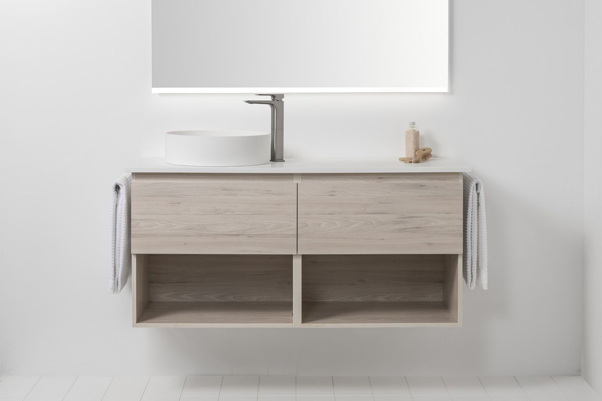 Soft Solid Surface 1300 Wall-Hung Vanity Double Bowls 2 Drawers & Open Shelves