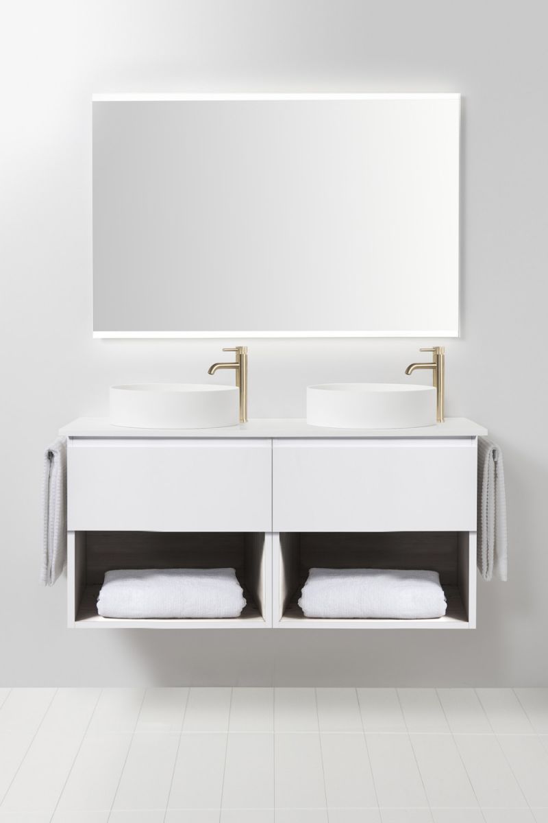 Soft Solid Surface 1300 Wall-Hung Vanity Double Bowls 2 Drawers & Open Shelves