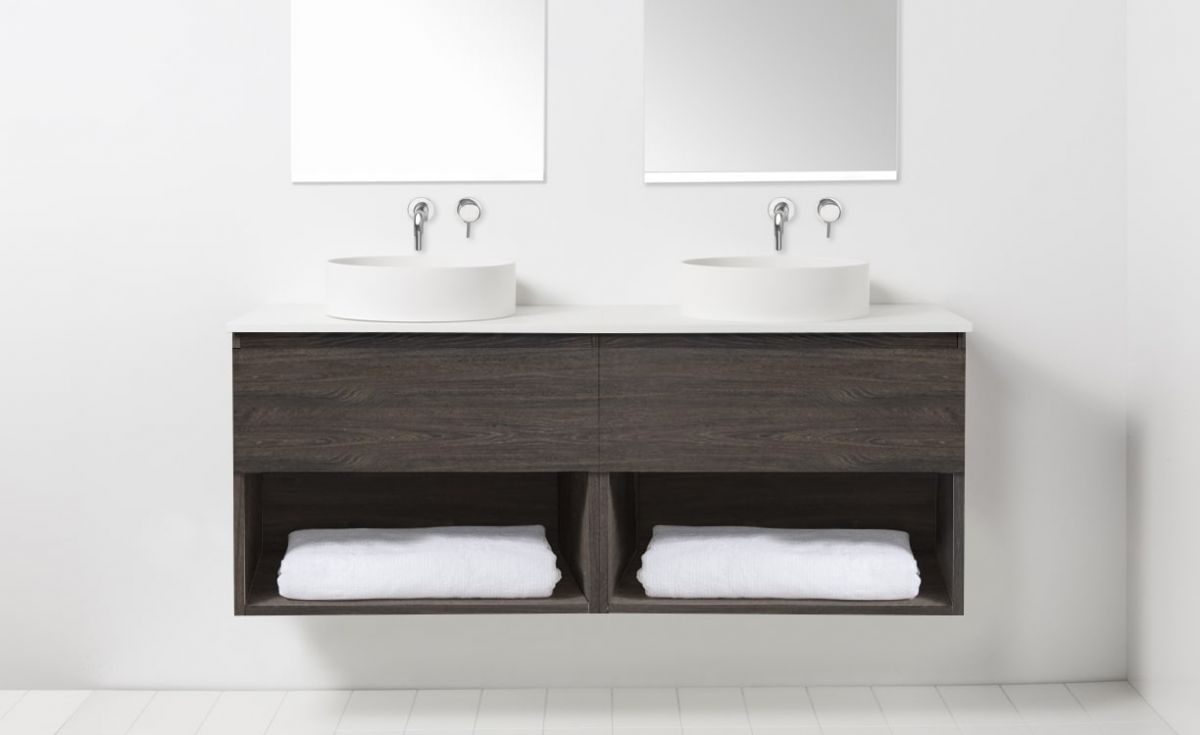 Soft Solid Surface 1300 Wall-Hung Vanity Double Bowls 2 Drawers & Open Shelves