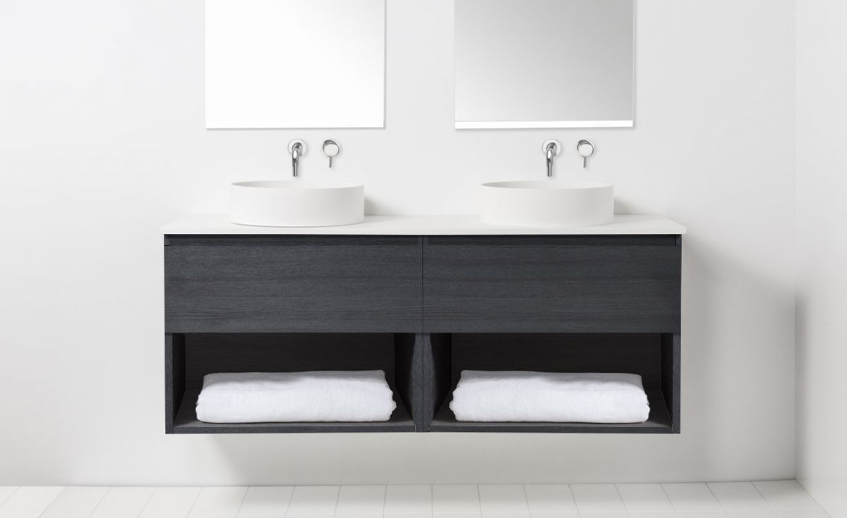 Soft Solid Surface 1300 Wall-Hung Vanity Double Bowls 2 Drawers & Open Shelves