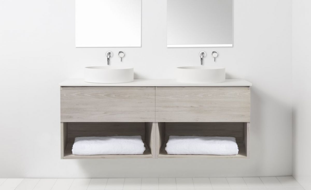 Soft Solid Surface 1300 Wall-Hung Vanity Double Bowls 2 Drawers & Open Shelves