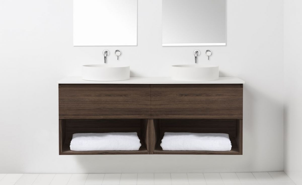 Soft Solid Surface 1300 Wall-Hung Vanity Double Bowls 2 Drawers & Open Shelves