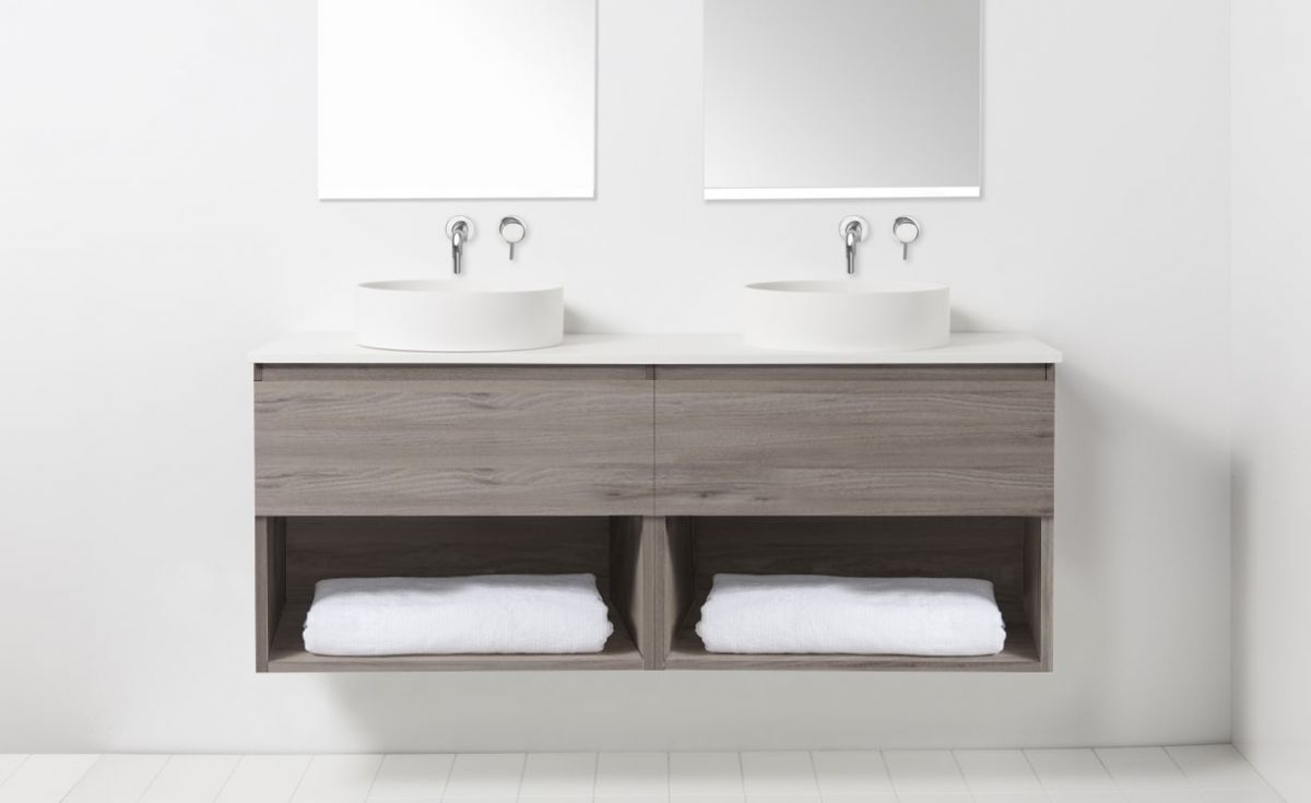 Soft Solid Surface 1300 Wall-Hung Vanity Double Bowls 2 Drawers & Open Shelves