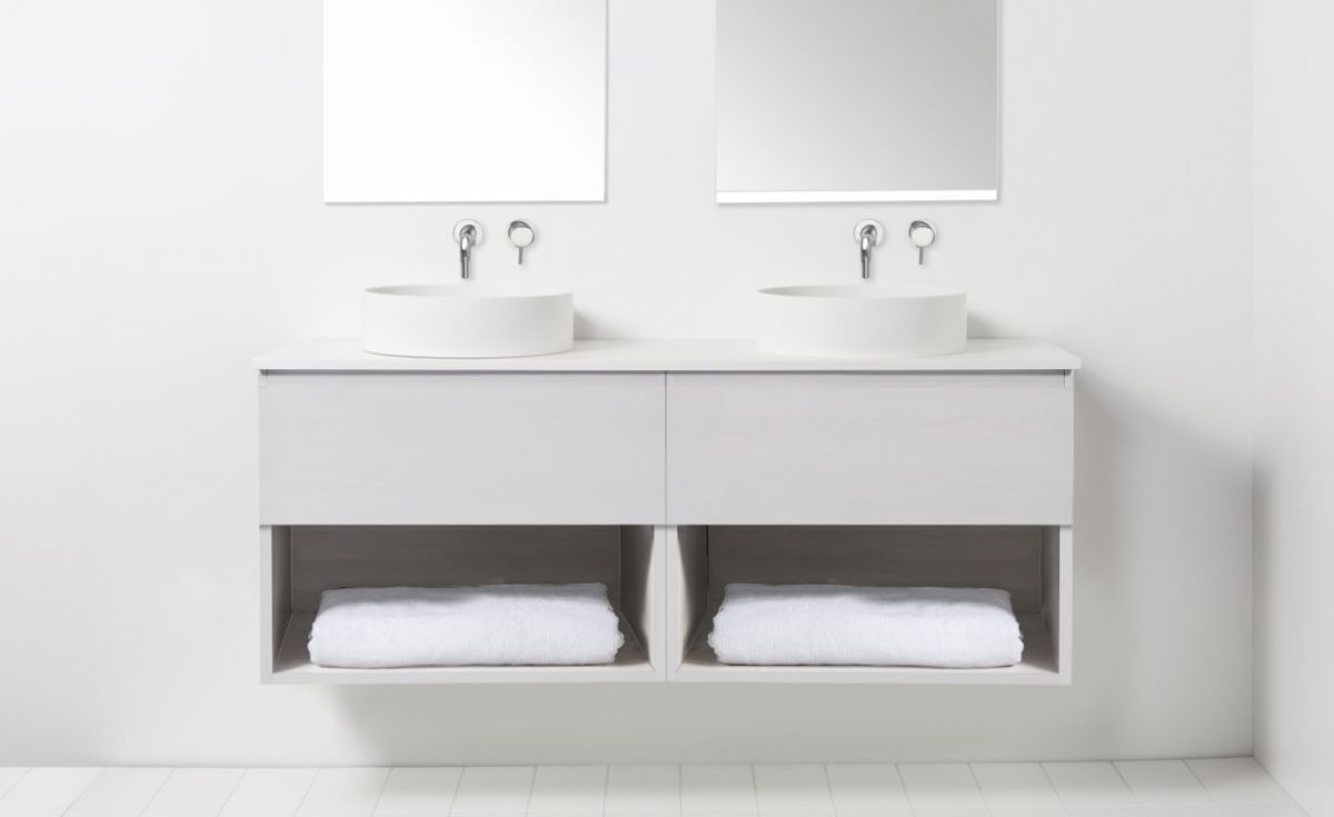 Soft Solid Surface 1300 Wall-Hung Vanity Double Bowls 2 Drawers & Open Shelves