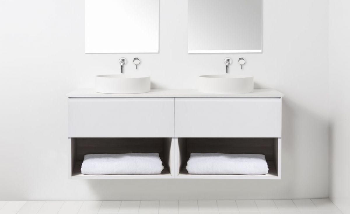 Soft Solid Surface 1300 Wall-Hung Vanity Double Bowls 2 Drawers & Open Shelves