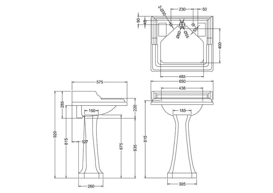 Classic Rectangle 650 Basin with Invisible Overflow & Pedestal