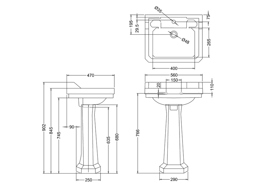 Edwardian Rectangle 560 Basin & Pedestal